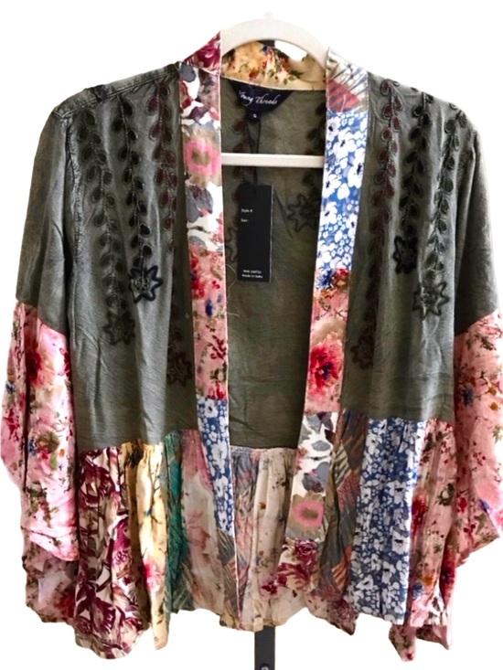 Young Threads Jackets & Blazers - Young Threads Olive Gray Green Patchwork Floral Embroidered Kimono Jacket